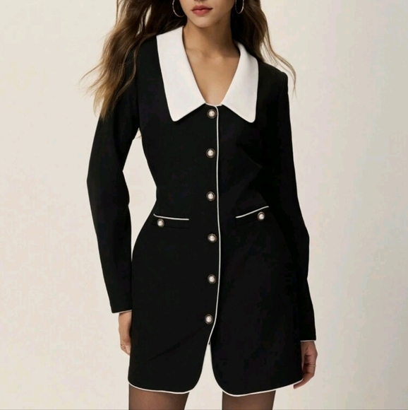 Elegant Women's Office Commute Color Block Button Front Mini Dress - Picture 1 of 4
